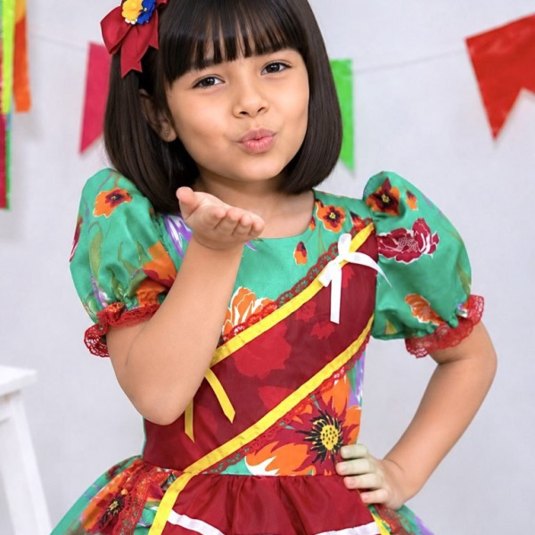 Vestido Infantil Junino Arraiá Verde e Vermelho