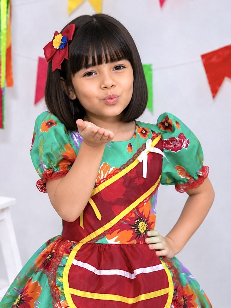 Vestido Infantil Junino Arraiá Verde e Vermelho