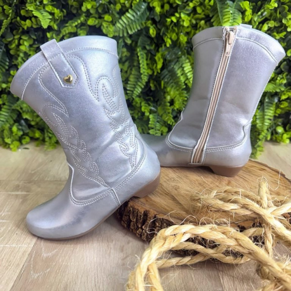 Bota infantil Boiadeira Texana Com Zíper e Salto Prata