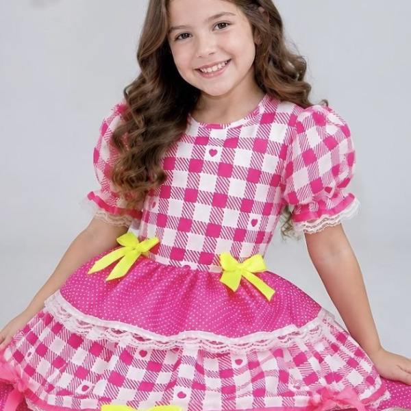 Vestido Junino Infantil Pink Xadrez com Corações e Laços
