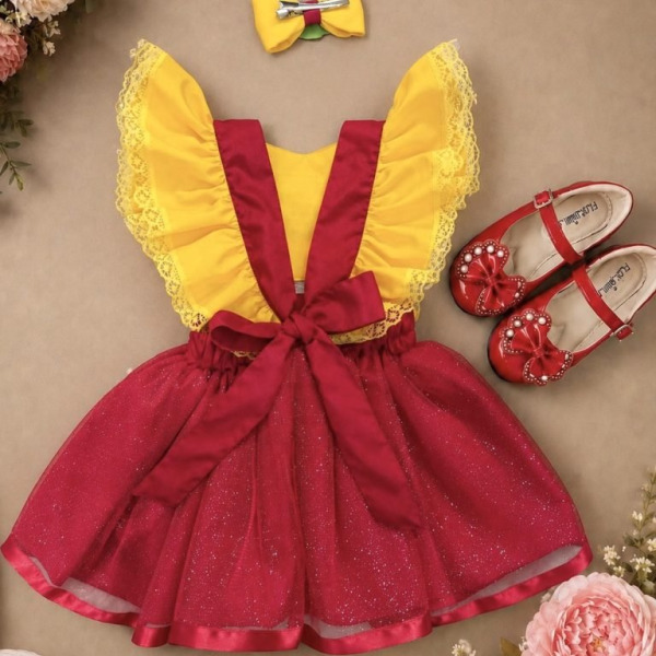 Romper Melancia Amarelo e Vermelho  com Laço Luxo