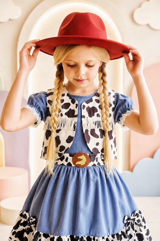 Conjunto Vestido e Colete Infantil Fazendinha Vaquinha Boiadeira Laço
