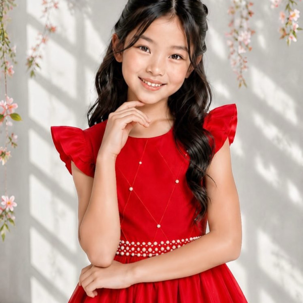 Vestido Longo Daminhas, Infantil Vermelho em Poliéster, Nervura com Pérolas Cinto Luxo