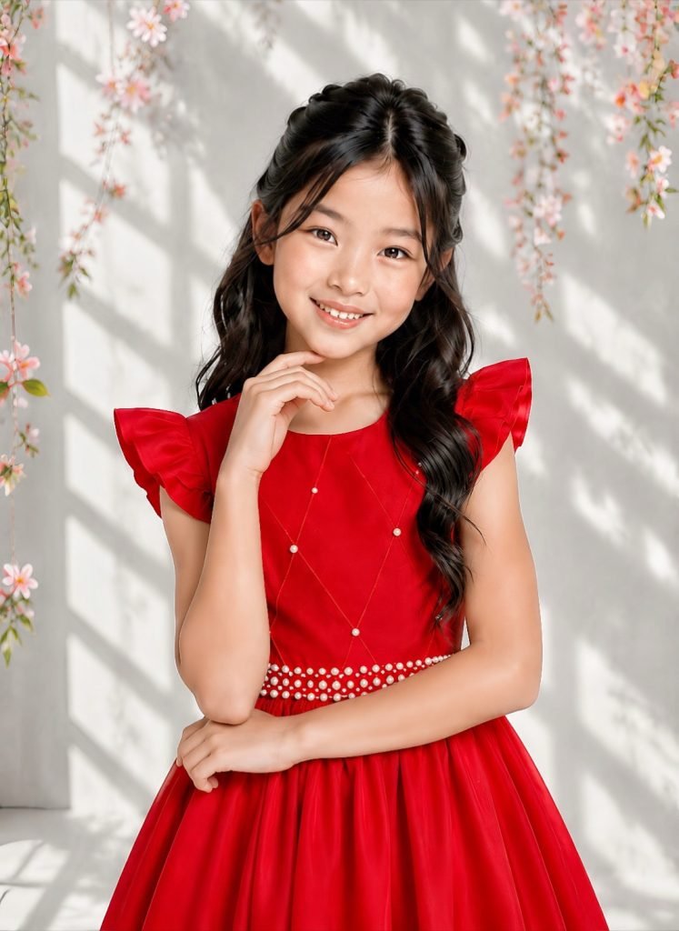 Vestido Longo Daminhas, Infantil Vermelho em Poliéster, Nervura com Pérolas Cinto Luxo