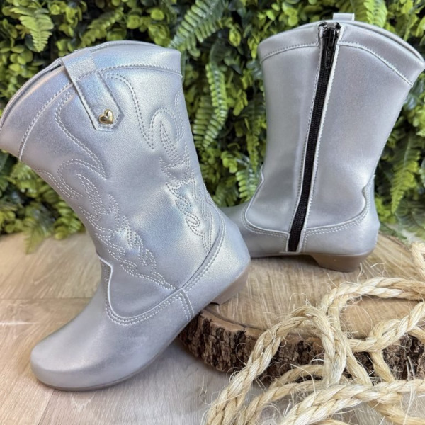 Bota infantil Boiadeira Texana Com Zíper Preto e Salto Prata