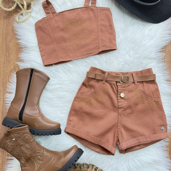 Conjunto Infantil Blusa e Short Sarja Marron Casual Boiadeira