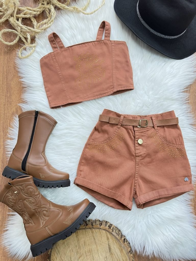 Conjunto Infantil Blusa e Short Sarja Marron Casual Boiadeira