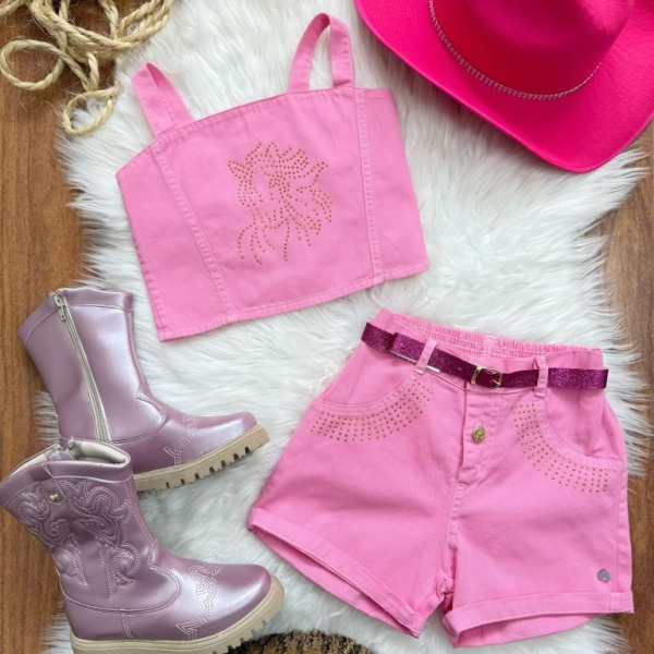 Conjunto Infantil Blusa e Short Sarja Rosa Chiclete Boiadeira Casual
