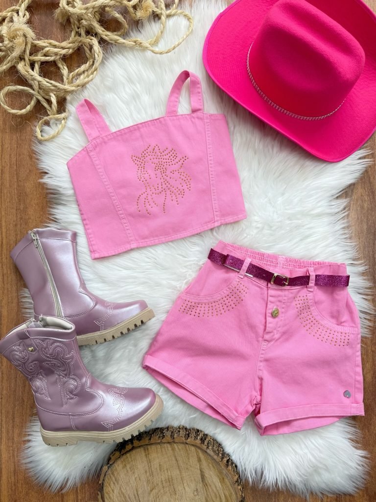 Conjunto Infantil Blusa e Short Sarja Rosa Chiclete Boiadeira Casual