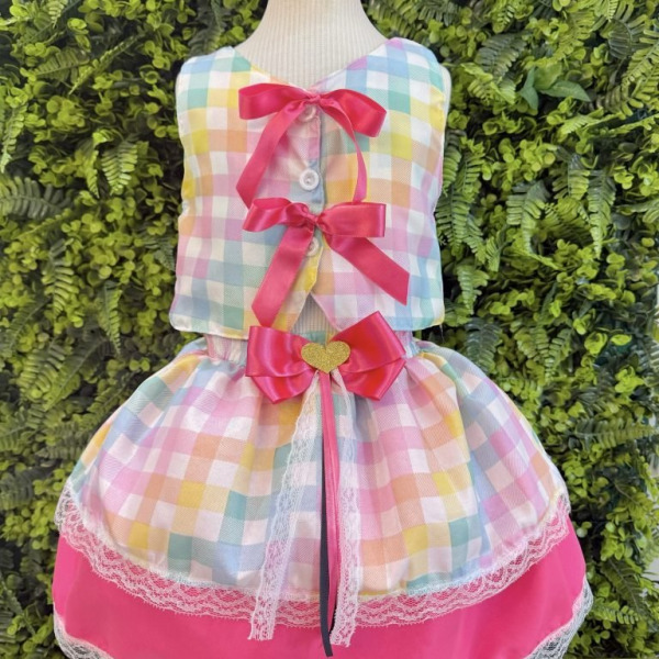 Conjunto Meninas Junino Colete e Saia Rosa e Xadrez Colorido