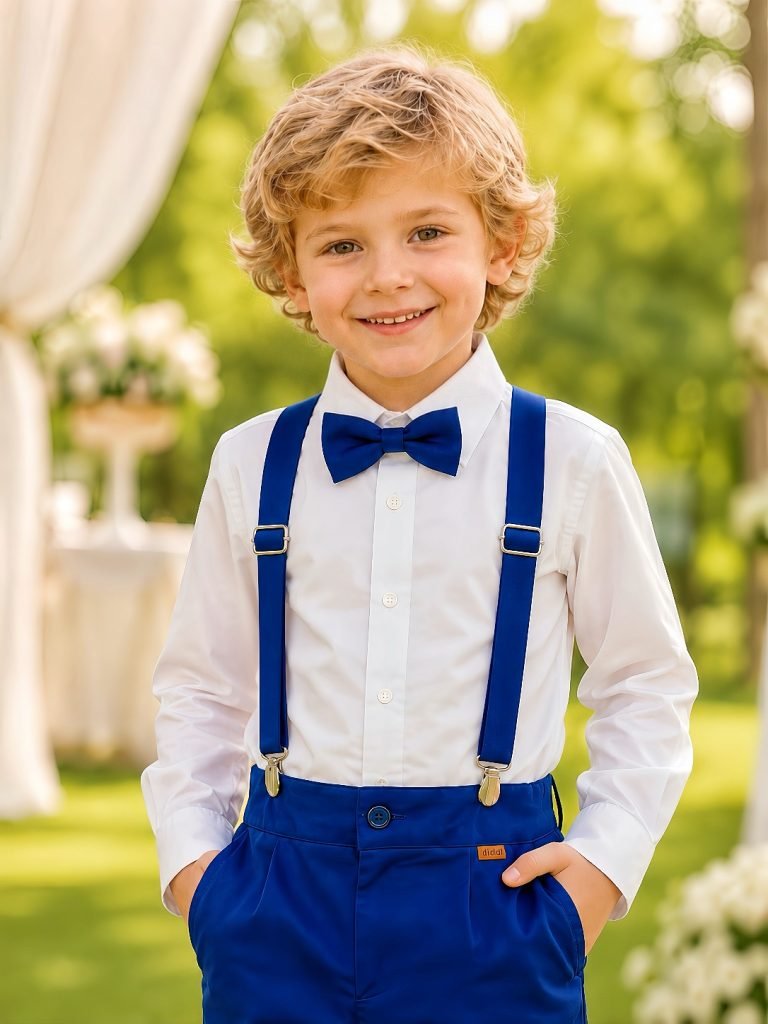 Conjunto Social Pajem Camisa Branca com Calça e Susp. Azul Royal
