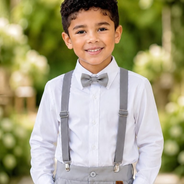 Conjunto Social Pajem Camisa Branca com Calça e Susp.Cinza