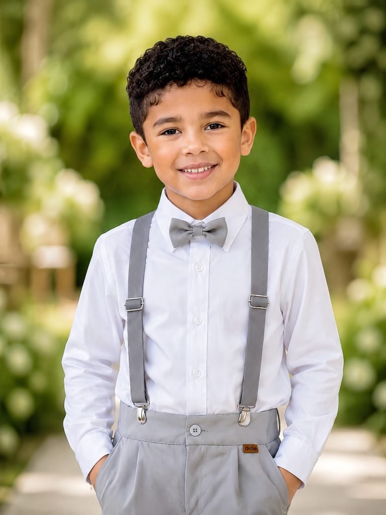 Conjunto Social Pajem Camisa Branca com Calça e Susp.Cinza