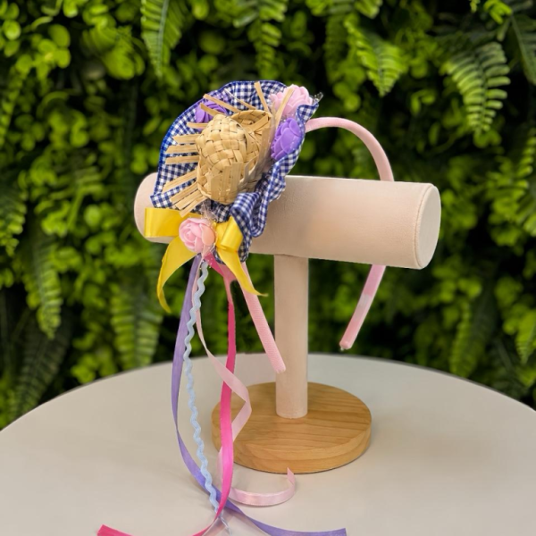 Tiara Junina Infantil Rosa com Chapéu de Palha e Girassol