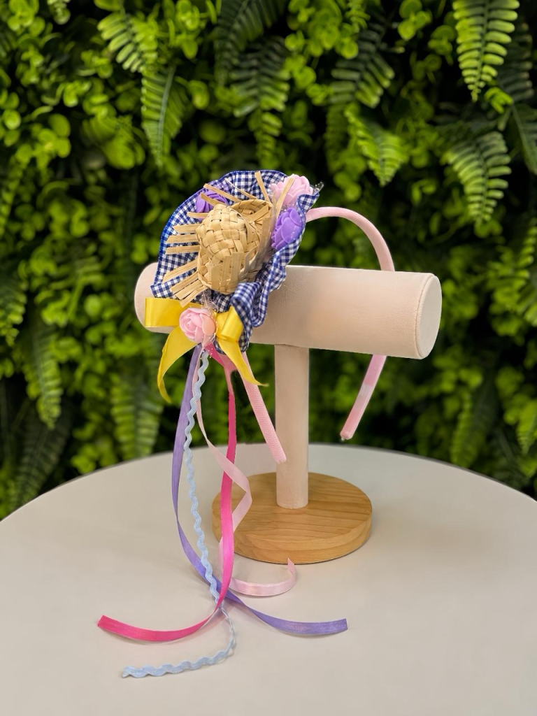 Tiara Junina Infantil Rosa com Chapéu de Palha e Girassol